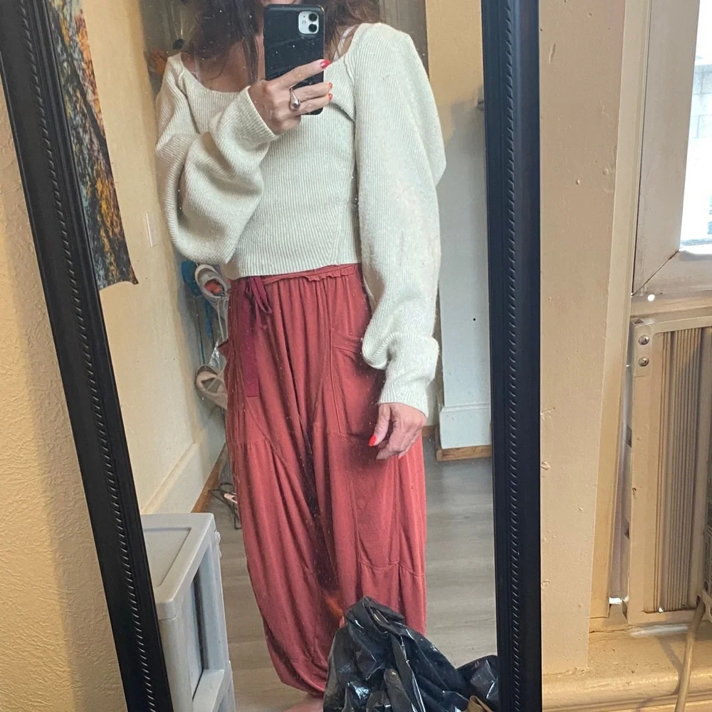 NWOT Free People Cream/oatmeal puff sleeve open back Knit Blouse sweater - Picture 10 of 10